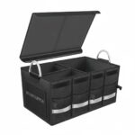 Automobilio bagažinės daiktadėžė su skyriais – juoda 63L sulankstoma daiktadėžė iš tvirtų, vandeniui atsparių medžiagų, skirta tvarkingam įrankių, automobilio priemonių ar kelionės daiktų laikymui.