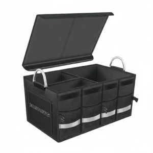 Automobilio bagažinės daiktadėžė su skyriais – juoda 63L sulankstoma daiktadėžė iš tvirtų, vandeniui atsparių medžiagų, skirta tvarkingam įrankių, automobilio priemonių ar kelionės daiktų laikymui.