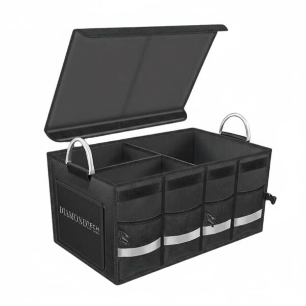 Automobilio bagažinės daiktadėžė su skyriais – juoda 63L sulankstoma daiktadėžė iš tvirtų, vandeniui atsparių medžiagų, skirta tvarkingam įrankių, automobilio priemonių ar kelionės daiktų laikymui.