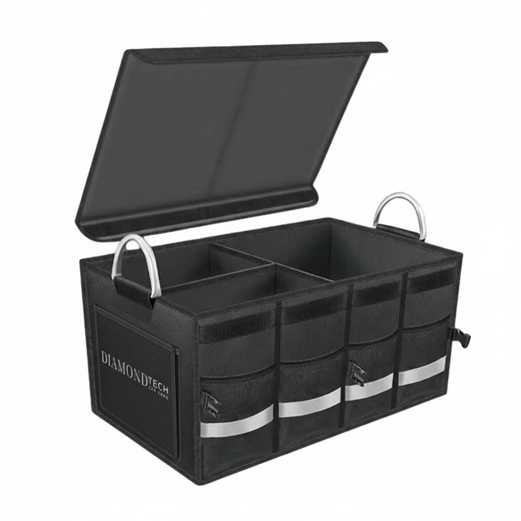 Automobilio bagažinės daiktadėžė su skyriais – juoda 63L sulankstoma daiktadėžė iš tvirtų, vandeniui atsparių medžiagų, skirta tvarkingam įrankių, automobilio priemonių ar kelionės daiktų laikymui.