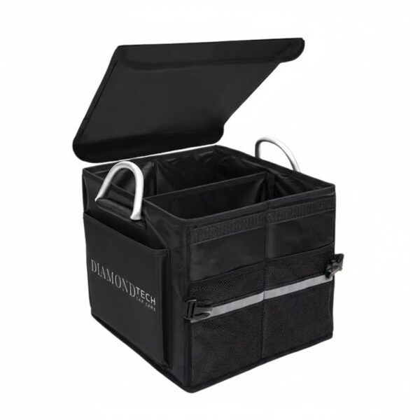 Automobilio bagažinės daiktadėžė su skyriais – juoda 36L sulankstoma daiktadėžė iš tvirtų, vandeniui atsparių medžiagų, skirta tvarkingam įrankių, automobilio priemonių ar kelionės daiktų laikymui.