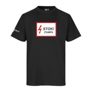 Marškinėliai su užrašu „Stok, Įtampa”