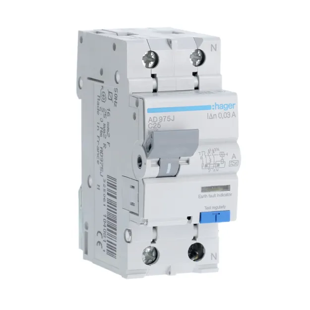 Kombinuotas automatinis jungiklis Hager AD975J C25 30mA 2polis C 6kA 230V, A tipas