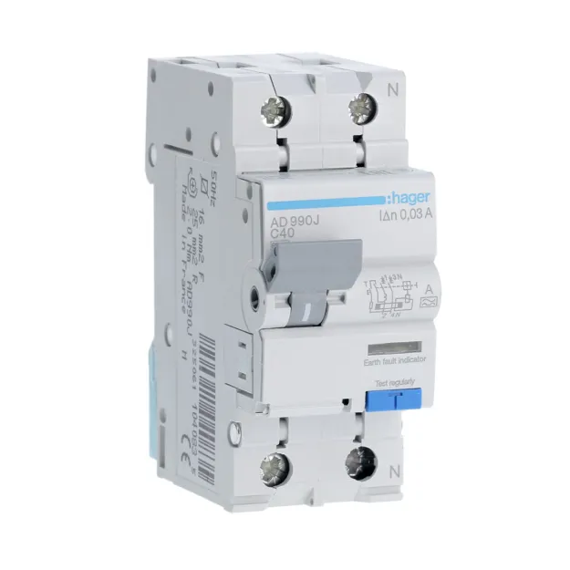 Kombinuotas automatinis jungiklis Hager AD990J C40 30mA 2polis C 6kA 230V, A tipas