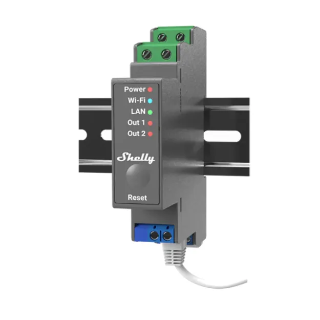 Shelly Pro 2 išmanus 2 kanalų relinis modulis montuojamas ant DIN bėgelio (Wi-Fi + LAN + Bluetooth)