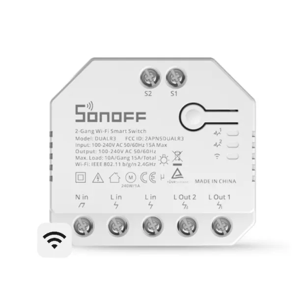 Sonoff DualR3 2 kanalų išmanusis jungiklis su apskaitos ir variklio valdymo funkcija (Wi-Fi)
