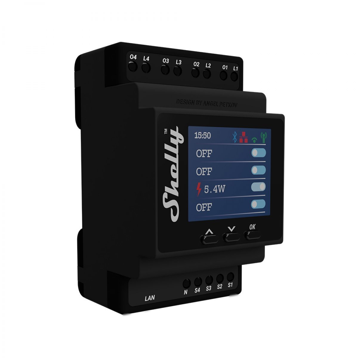 Shelly Pro 4PM 4 kanalų DIN bėgio relė jungiklis su Wi-Fi, LAN ir Bluetooth ryšiu